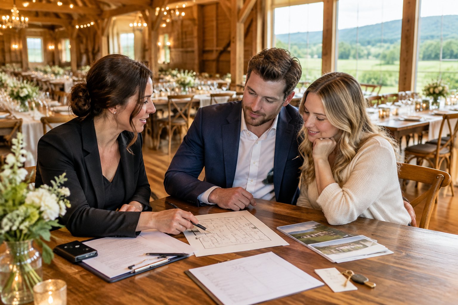 A couple discusses wedding planning details with a venue coordinator inside a rustic barn reception space.
