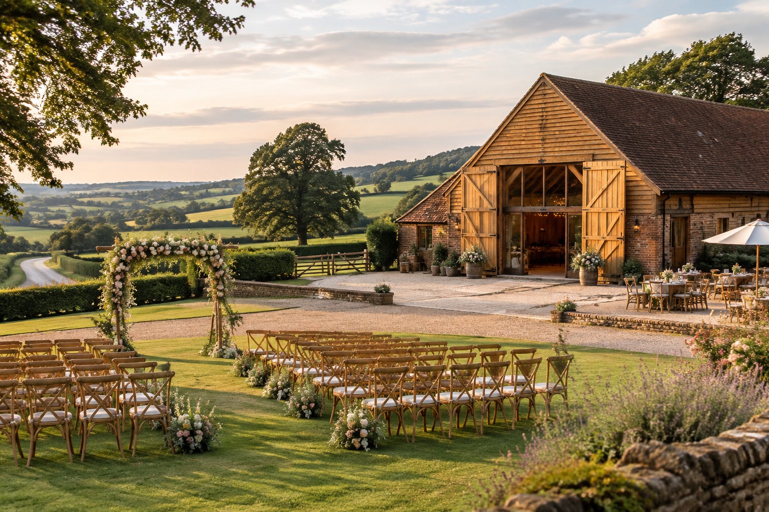 A rustic barn wedding venue surrounded by green countryside, with decorated chairs and flowers outside.