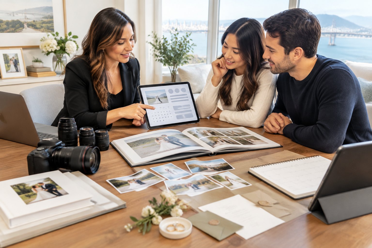 A wedding photographer discusses albums, camera equipment, and planning materials with an engaged couple.