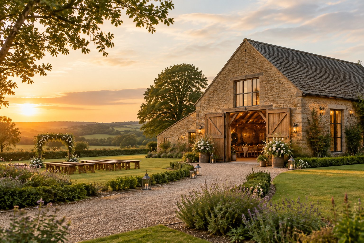 A rustic barn wedding venue glowing in the evening light beside a green meadow.