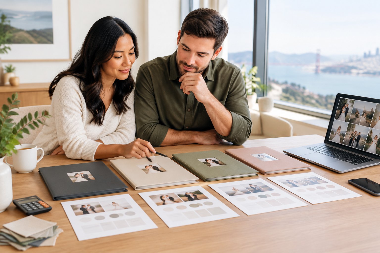 An engaged couple compares blank wedding photography proposals at a table in a bright Bay Area workspace.