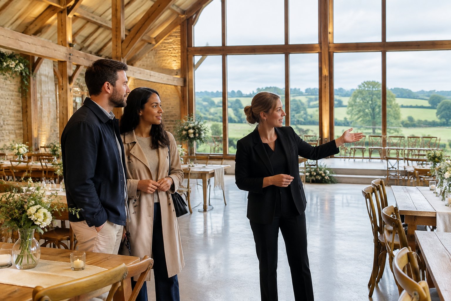 A couple discusses a rustic barn wedding venue with a coordinator while viewing the countryside outside.