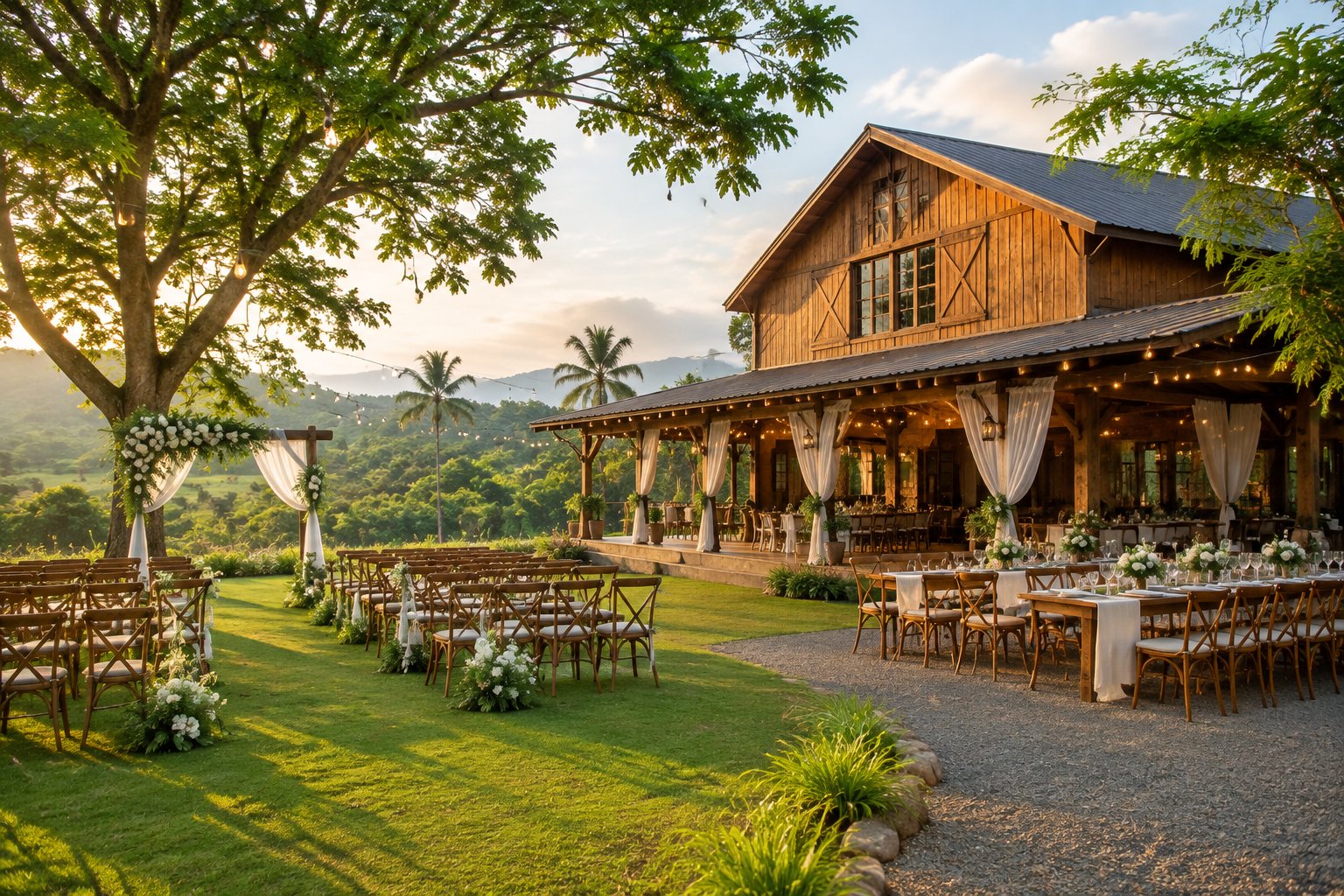 A rustic barn wedding venue surrounded by lush greenery in the Quezon countryside.
