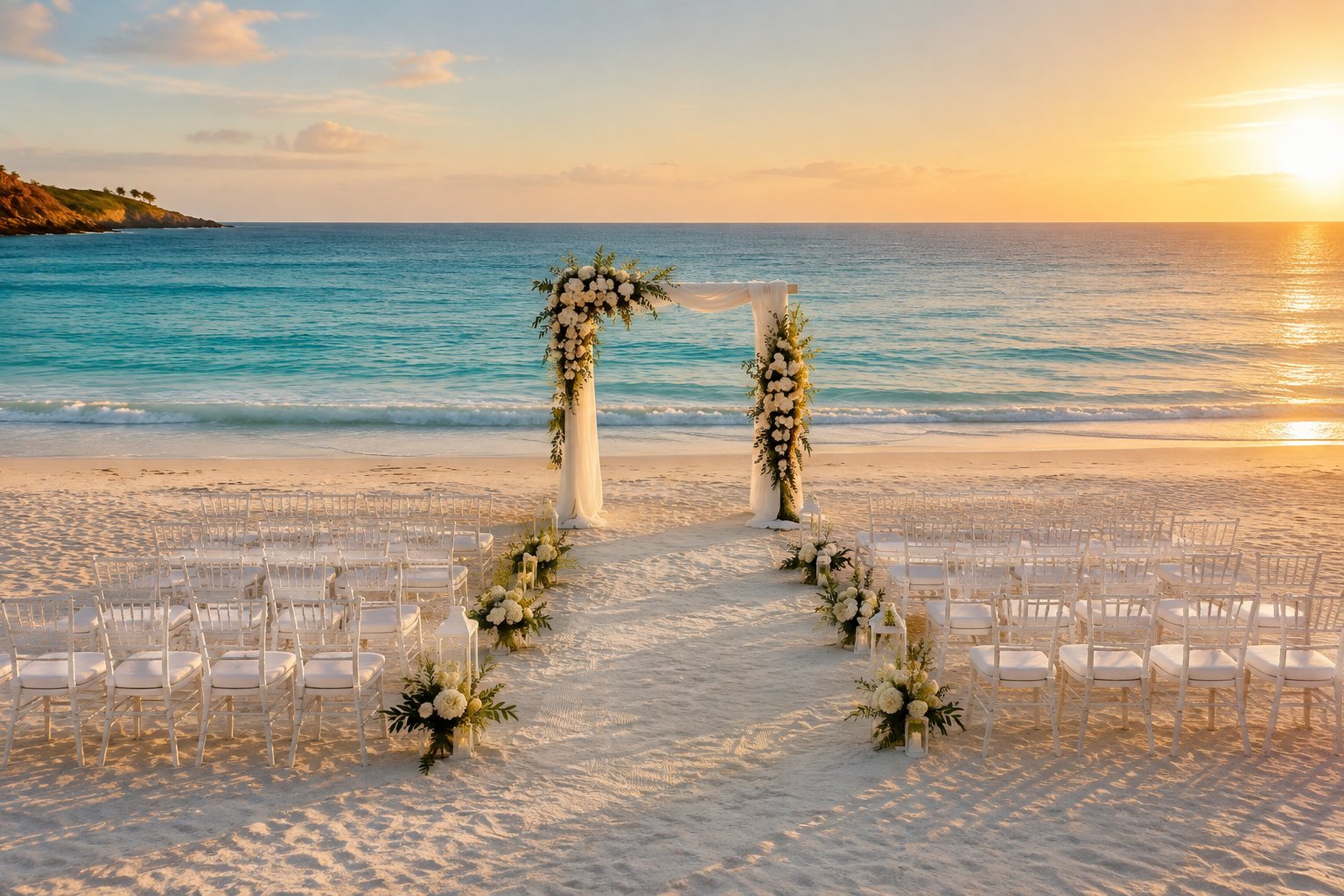 A decorated wedding ceremony arch and rows of white chairs on a sandy beach beside a calm turquoise ocean.