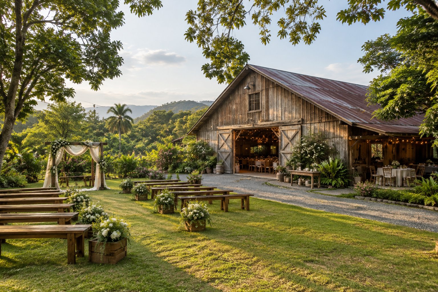 A rustic wooden barn wedding venue surrounded by tropical greenery, outdoor seating, and warm string lights.