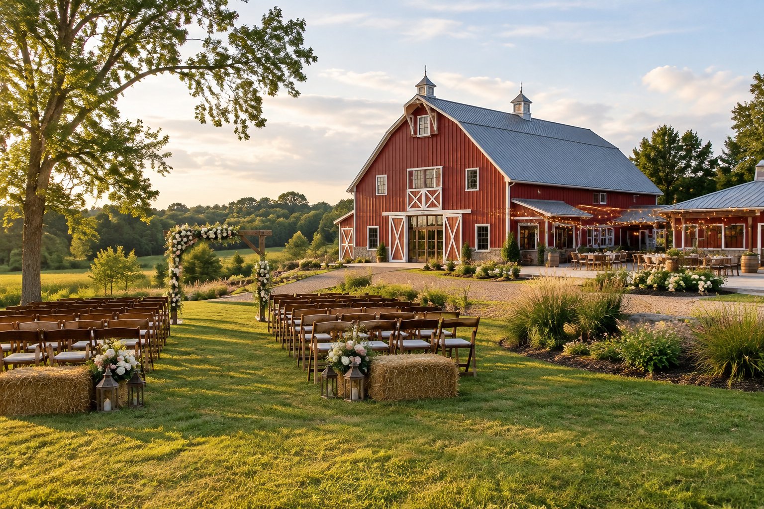 A rustic barn wedding venue surrounded by green countryside, with an outdoor ceremony arbor, wooden chairs, and floral decorations.