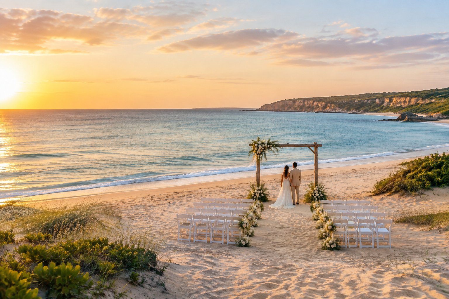 A simple wedding ceremony setup on a sandy beach overlooking calm turquoise water.