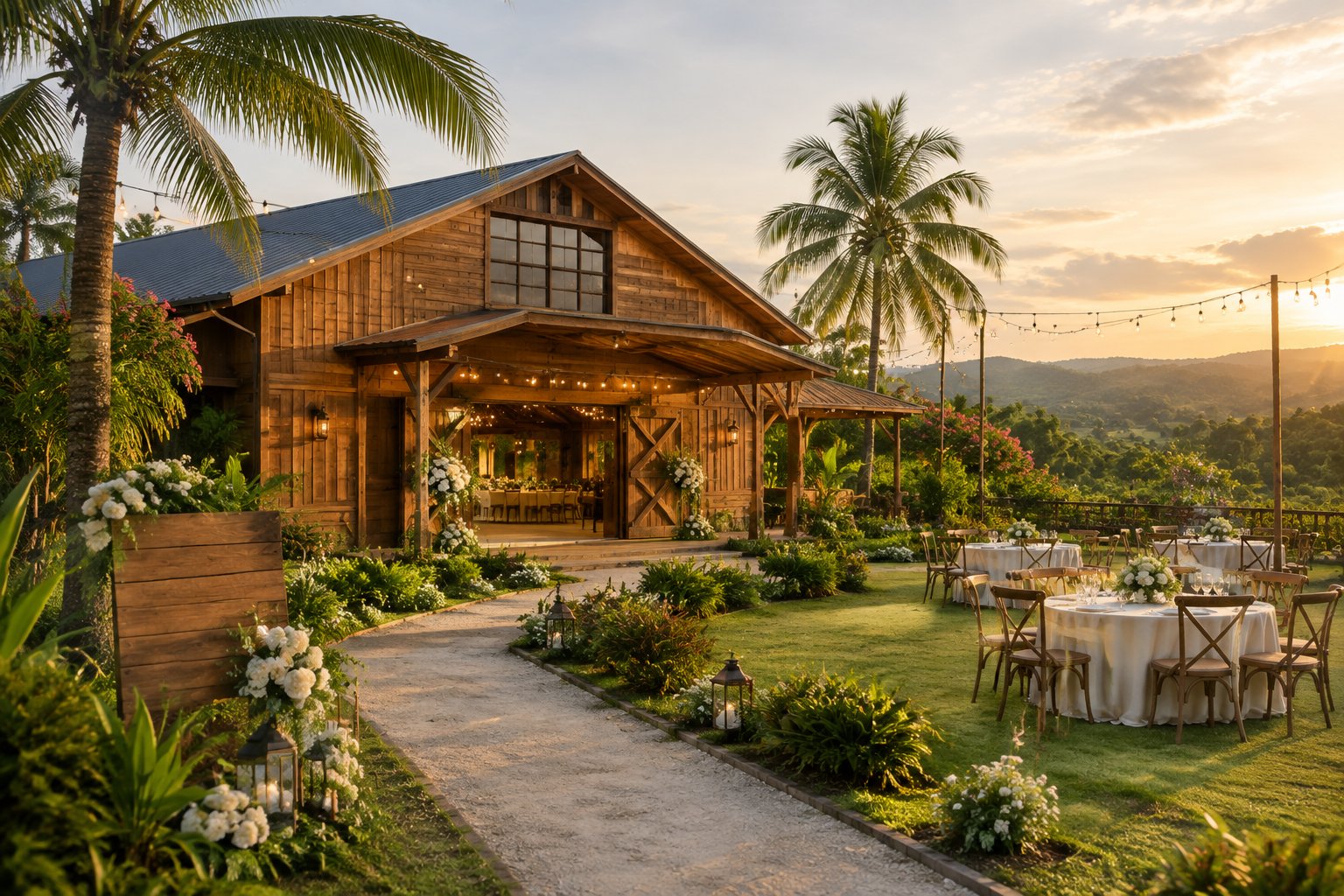 A rustic wooden barn wedding venue surrounded by tropical greenery and landscaped grounds in Quezon.