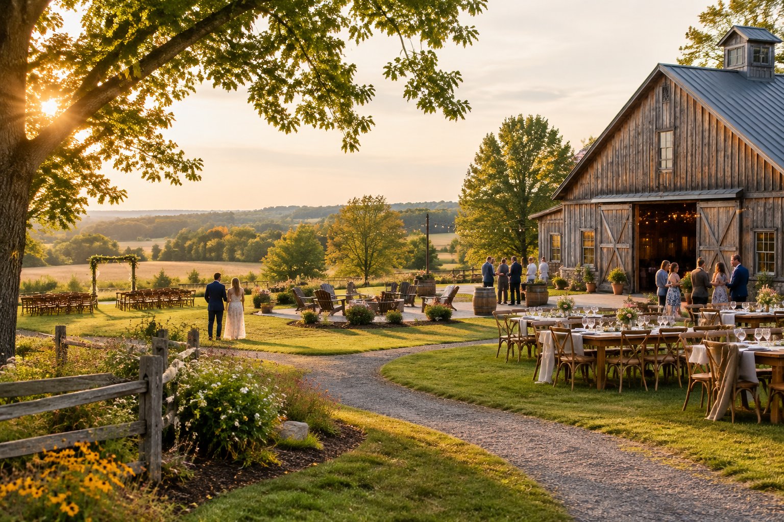 A rustic barn wedding venue surrounded by fields, trees, and an outdoor ceremony area.
