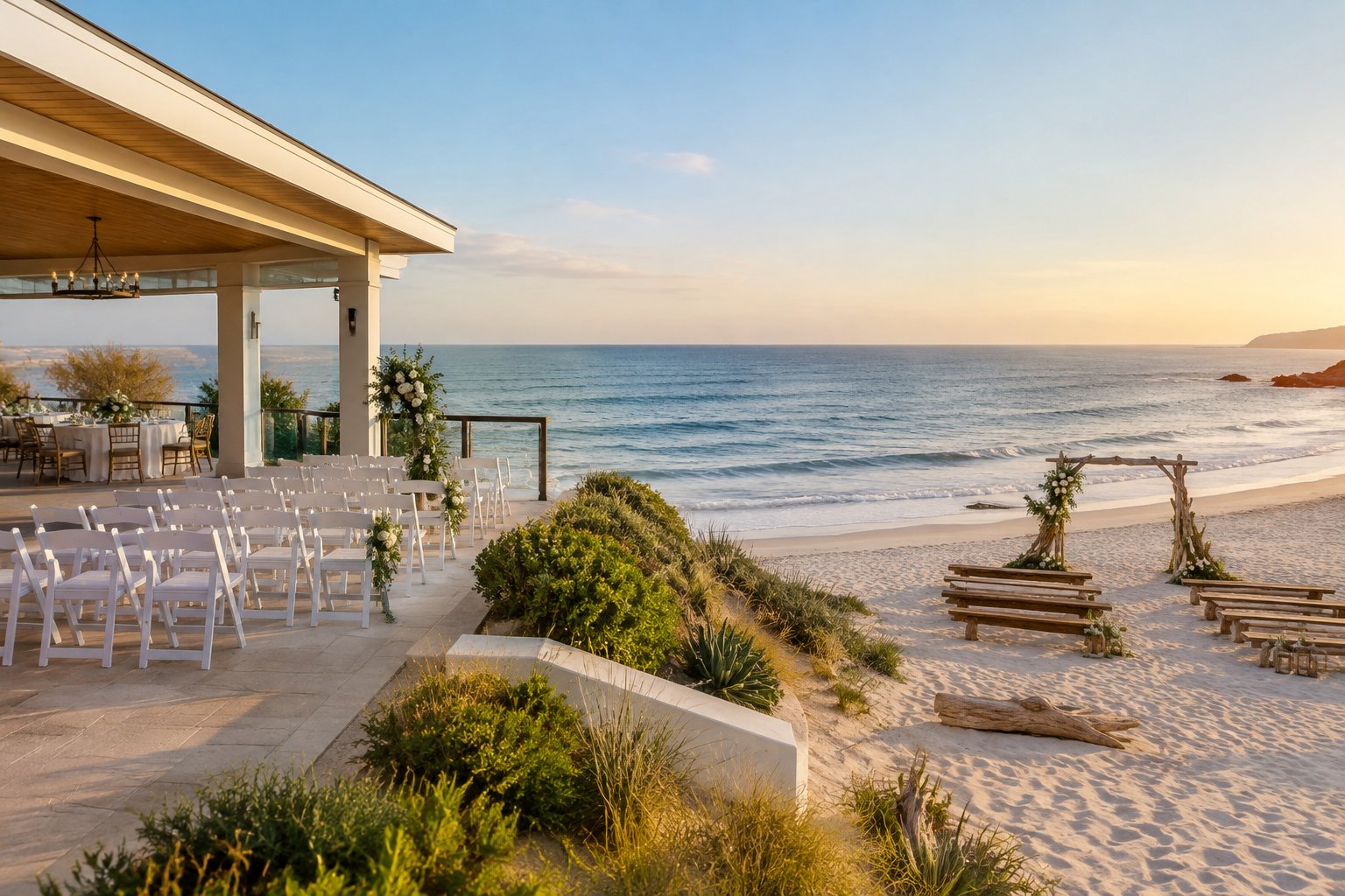 Two contrasting beach wedding settings: an elegant resort terrace and a natural sandy shoreline beside a calm ocean.