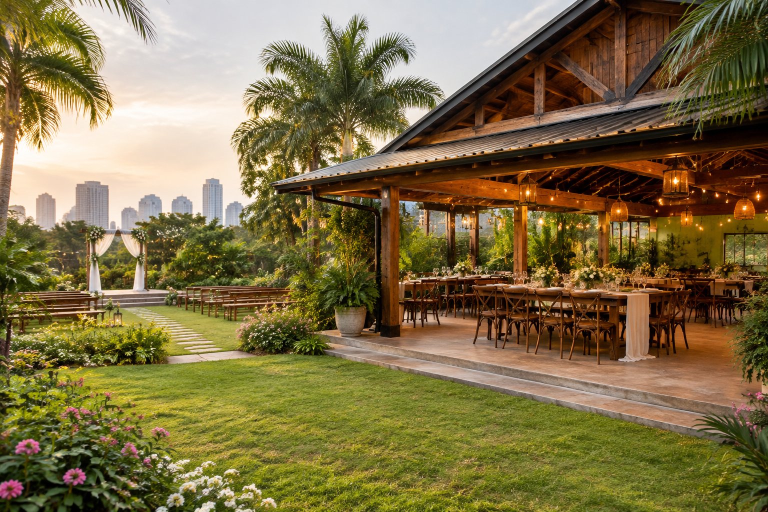 A rustic wedding venue surrounded by lush tropical garden landscaping in Quezon City.
