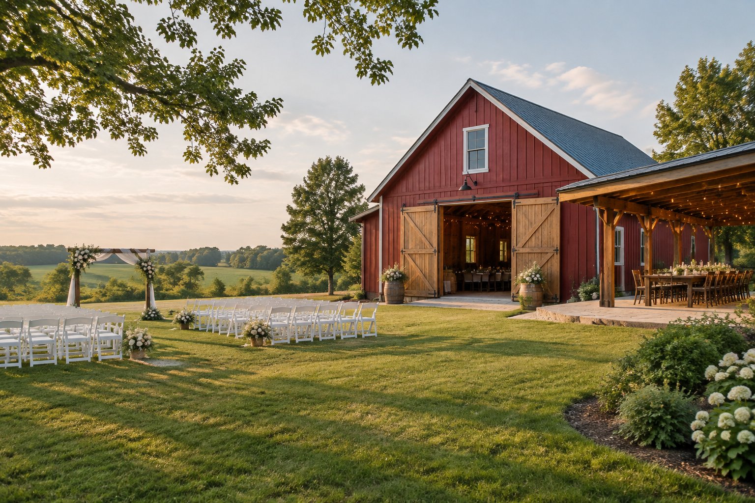 A restored red barn at a countryside wedding venue with white ceremony chairs, floral decorations, green fields, and mature trees.