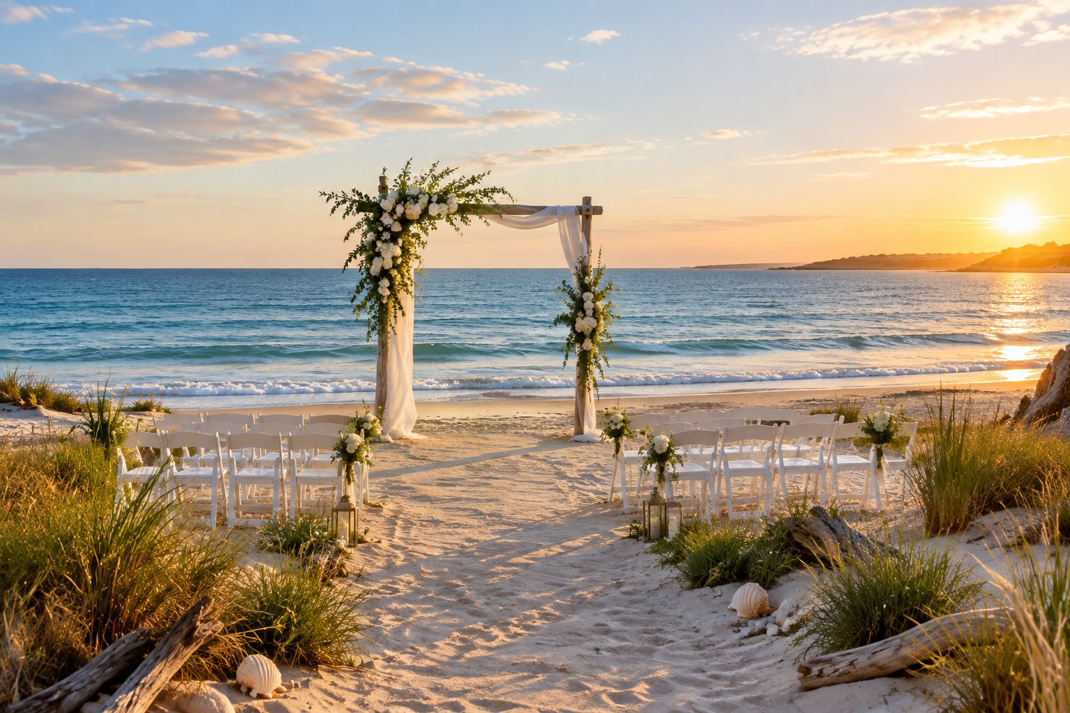 A seaside wedding ceremony setup on a sandy beach beside calm ocean water.