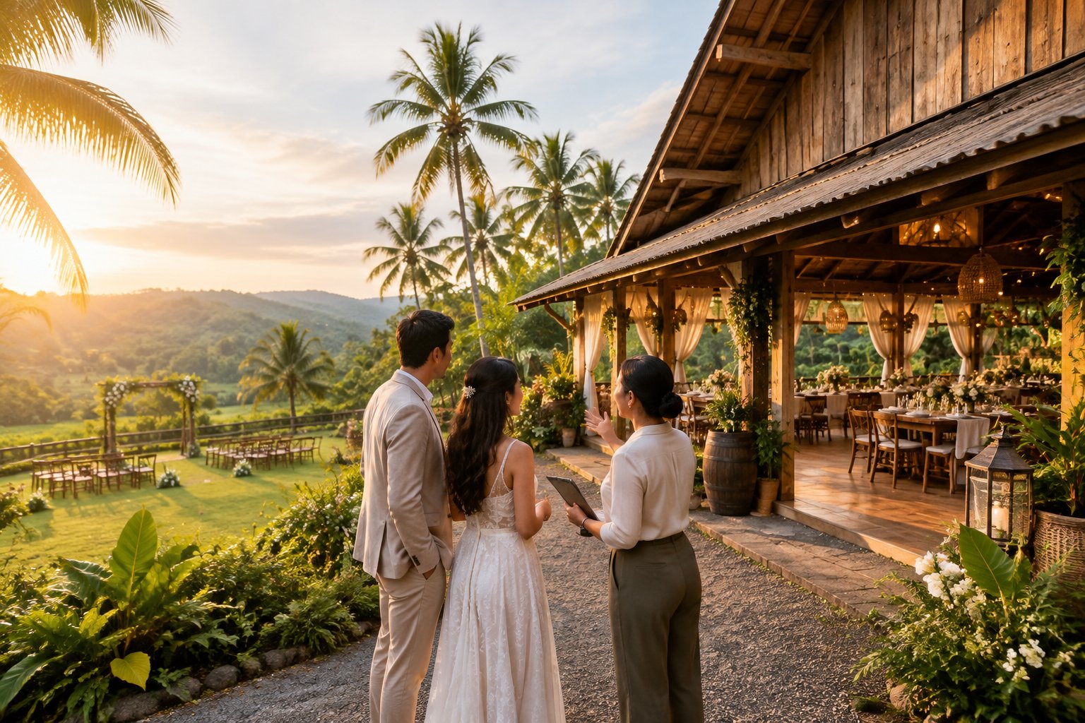A couple and coordinator discuss a rustic barn wedding venue surrounded by tropical greenery in Quezon.