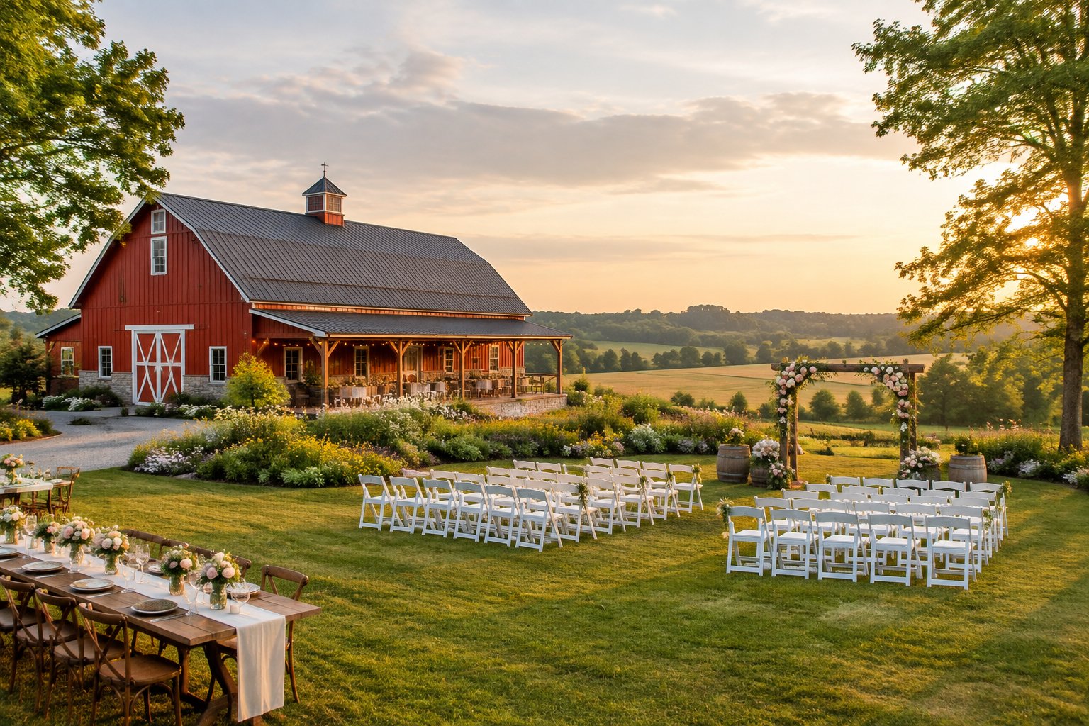 A restored red barn beside a lawn with white ceremony chairs and a floral arch, surrounded by trees and farmland.