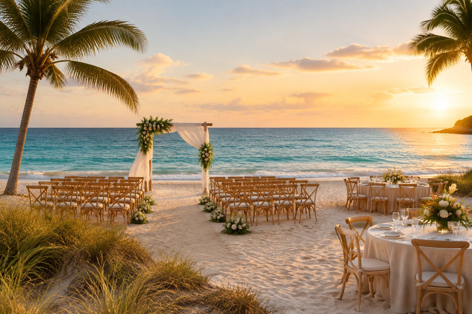 Elegant wedding ceremony setup on a sandy beach beside the ocean.