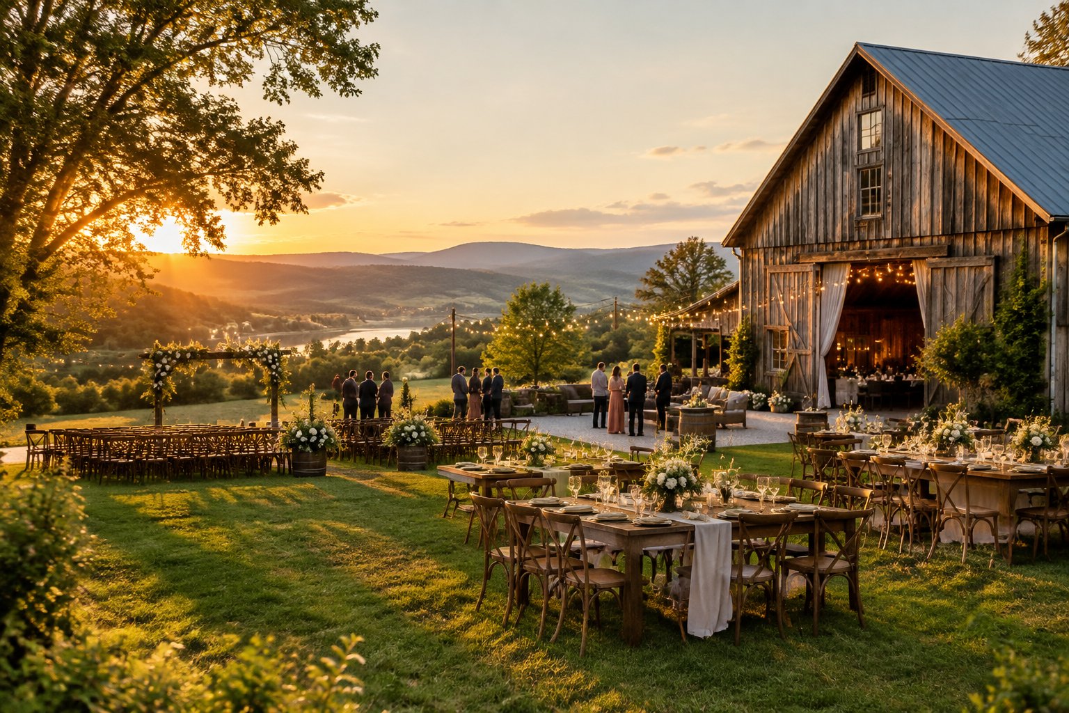 A rustic barn wedding venue surrounded by green fields and wooded hills near Ottawa.