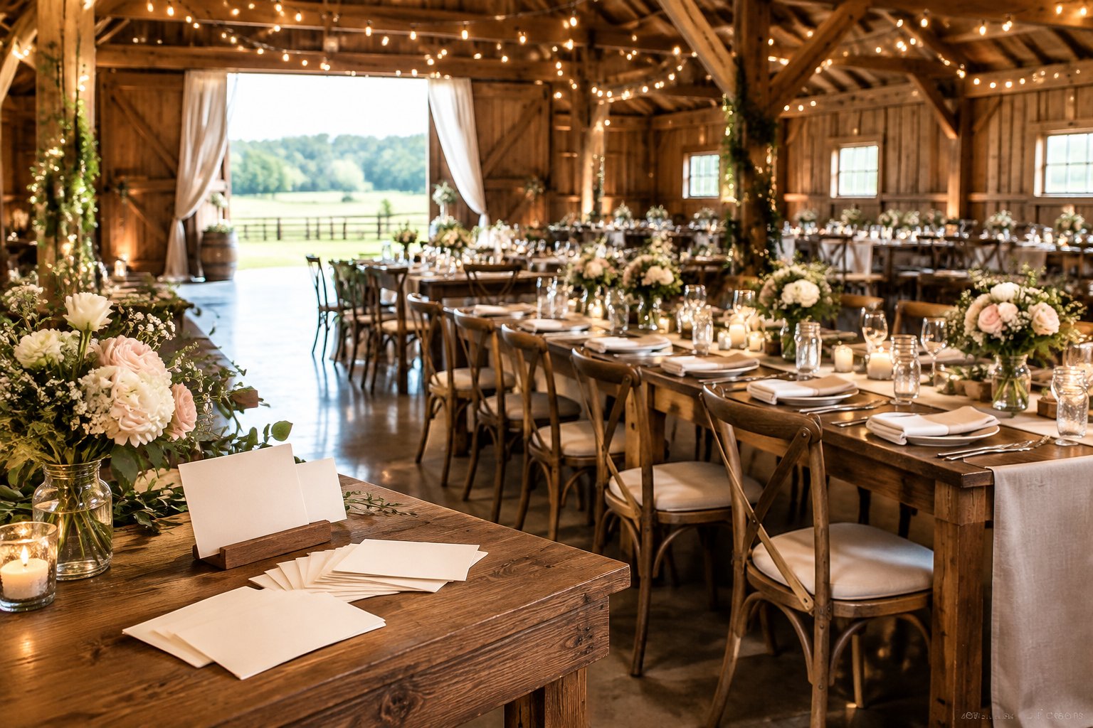 Decorated rustic barn wedding reception with wooden tables, floral arrangements, and countryside views.