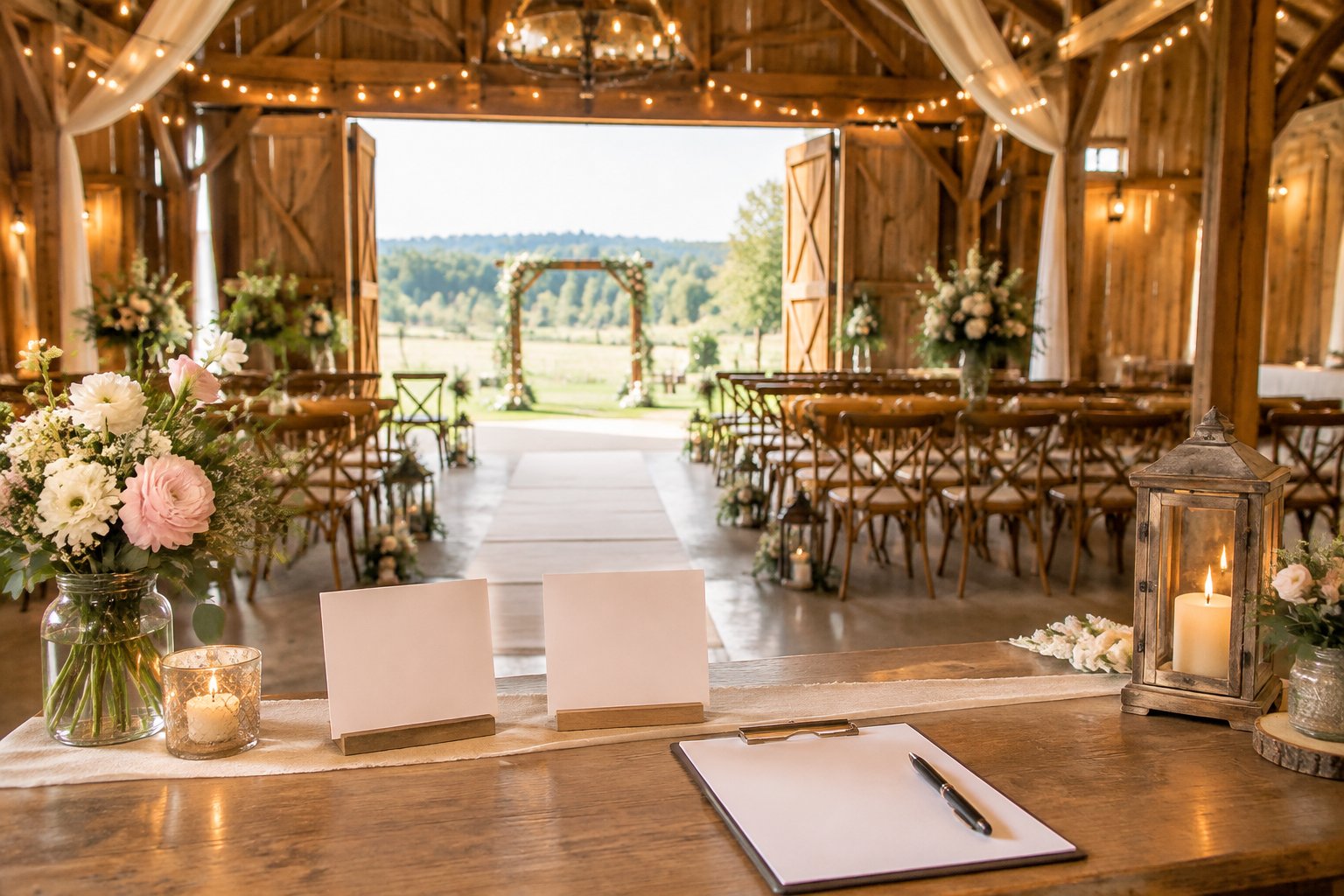 A warmly decorated rustic barn wedding venue with wooden seating, flowers, string lights, and a ceremony area.