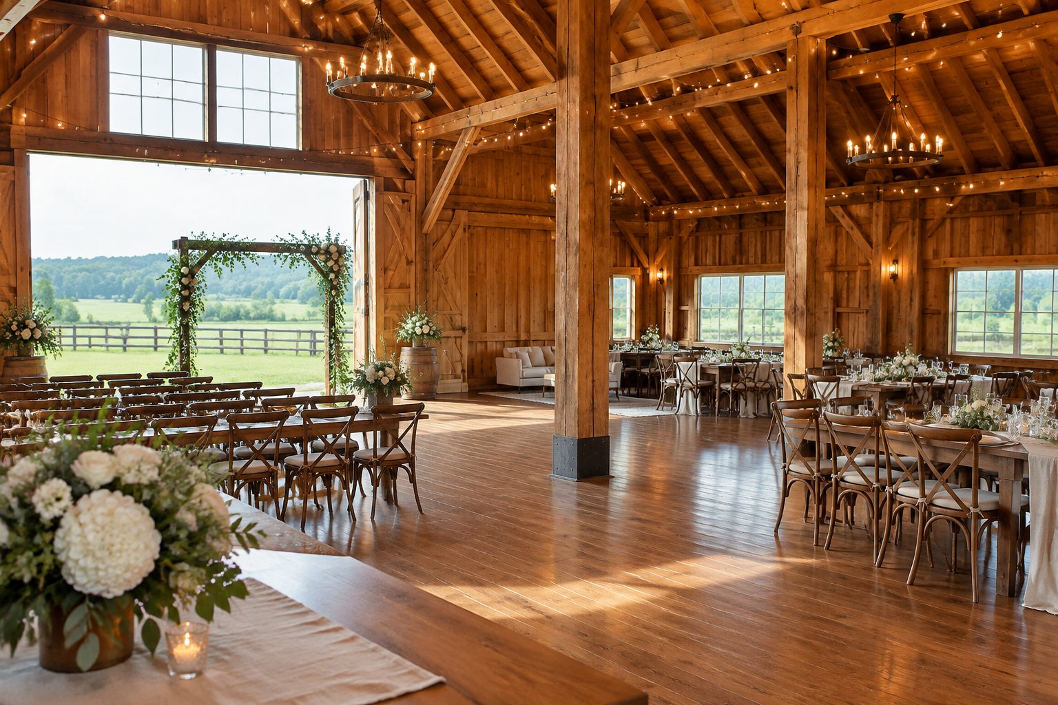 An elegant rustic barn wedding venue with wooden beams, floral arrangements, tables, and countryside views.