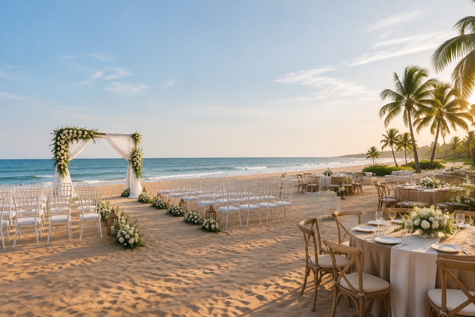 Elegant outdoor wedding venue arranged on a tropical beach beside calm ocean waves.