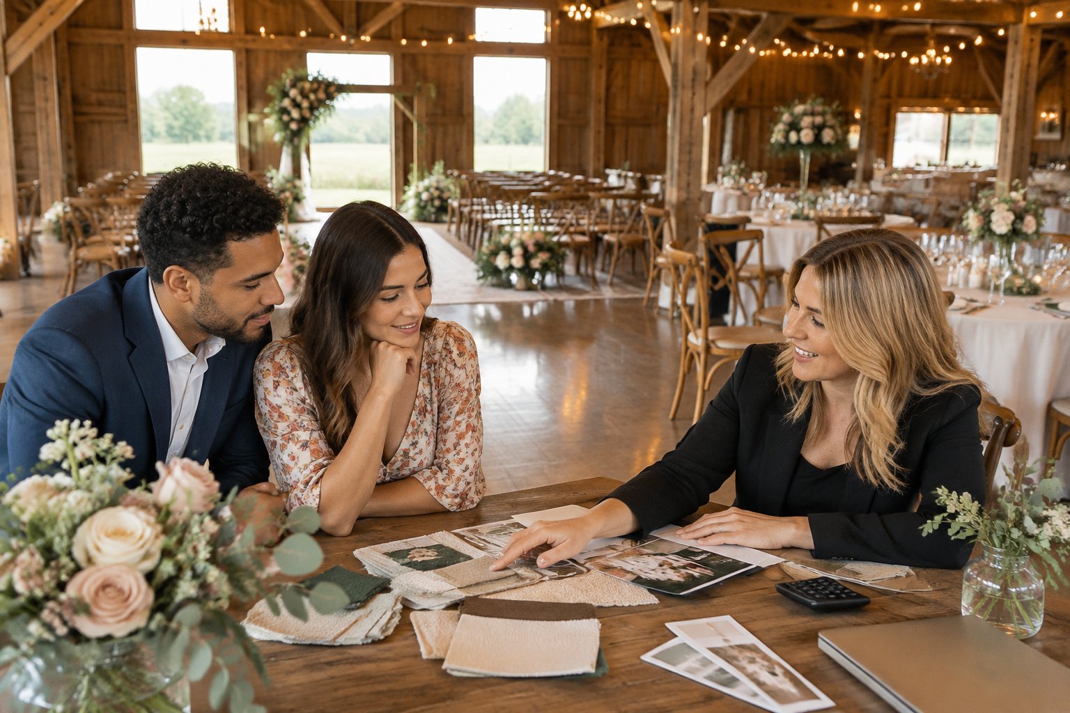 A couple discusses wedding options with a coordinator inside a warmly decorated rustic barn venue.