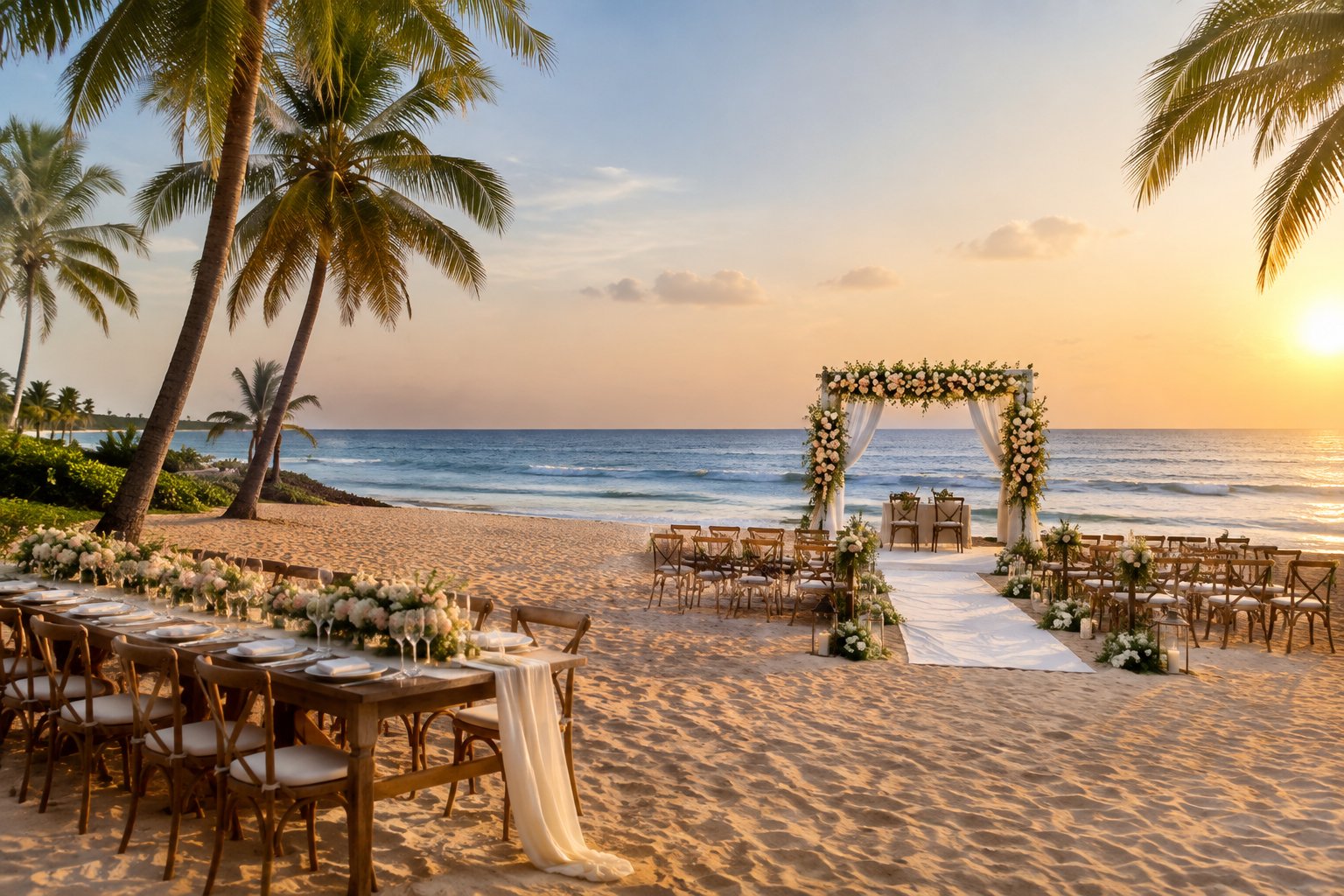 Elegant wedding ceremony setup on a tropical beach with floral decorations, wooden chairs, palm trees, and the ocean in the background.