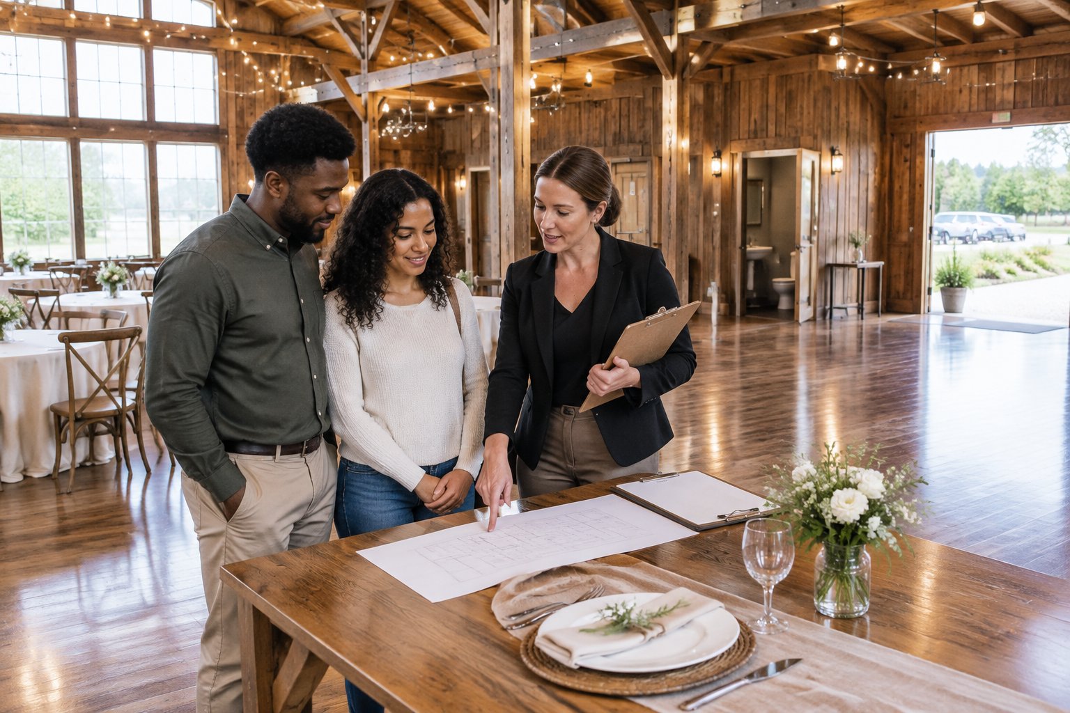 A couple and a wedding coordinator review practical arrangements inside a rustic barn wedding venue.