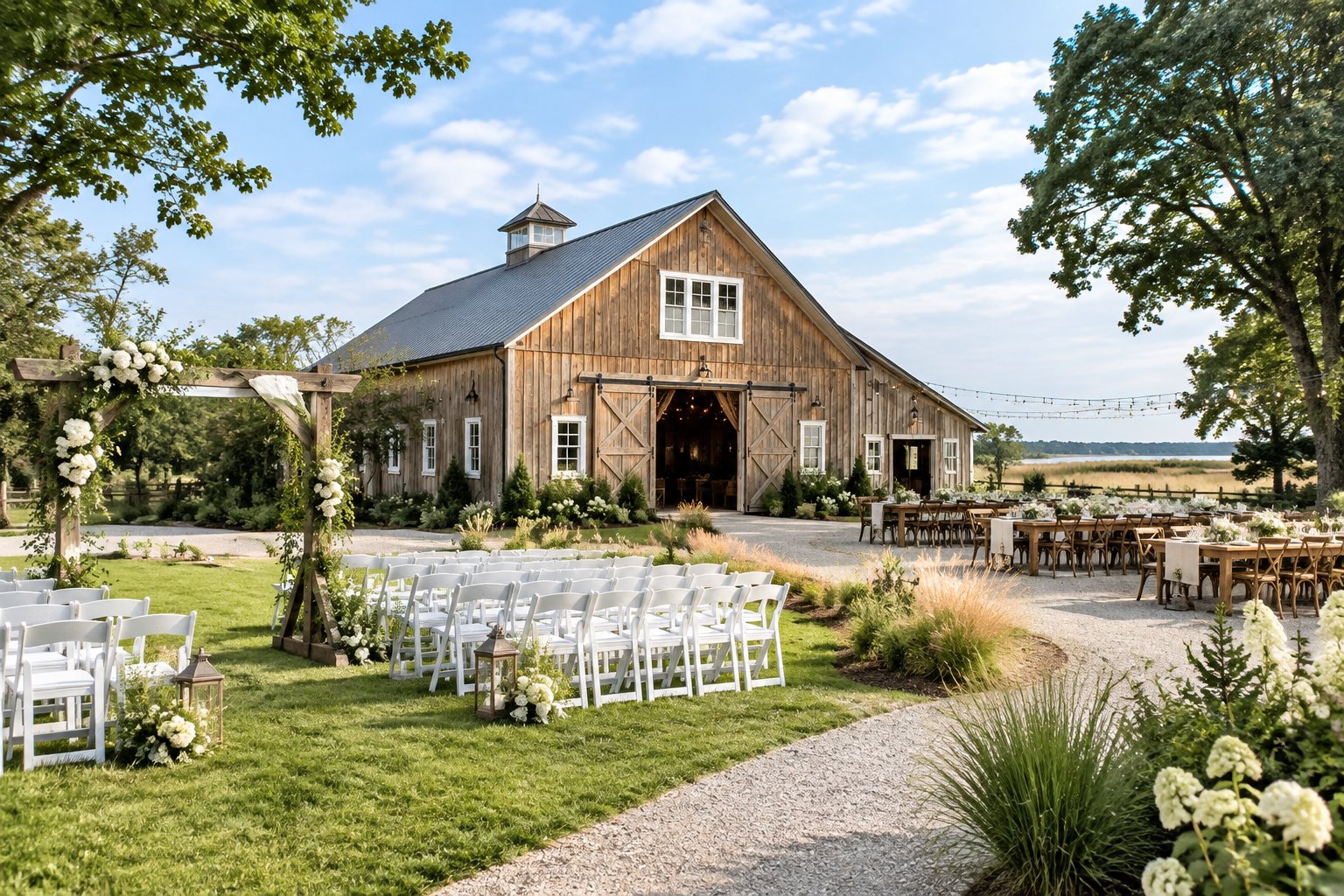 A rustic barn wedding venue with outdoor ceremony seating, floral decorations, and landscaped grounds.