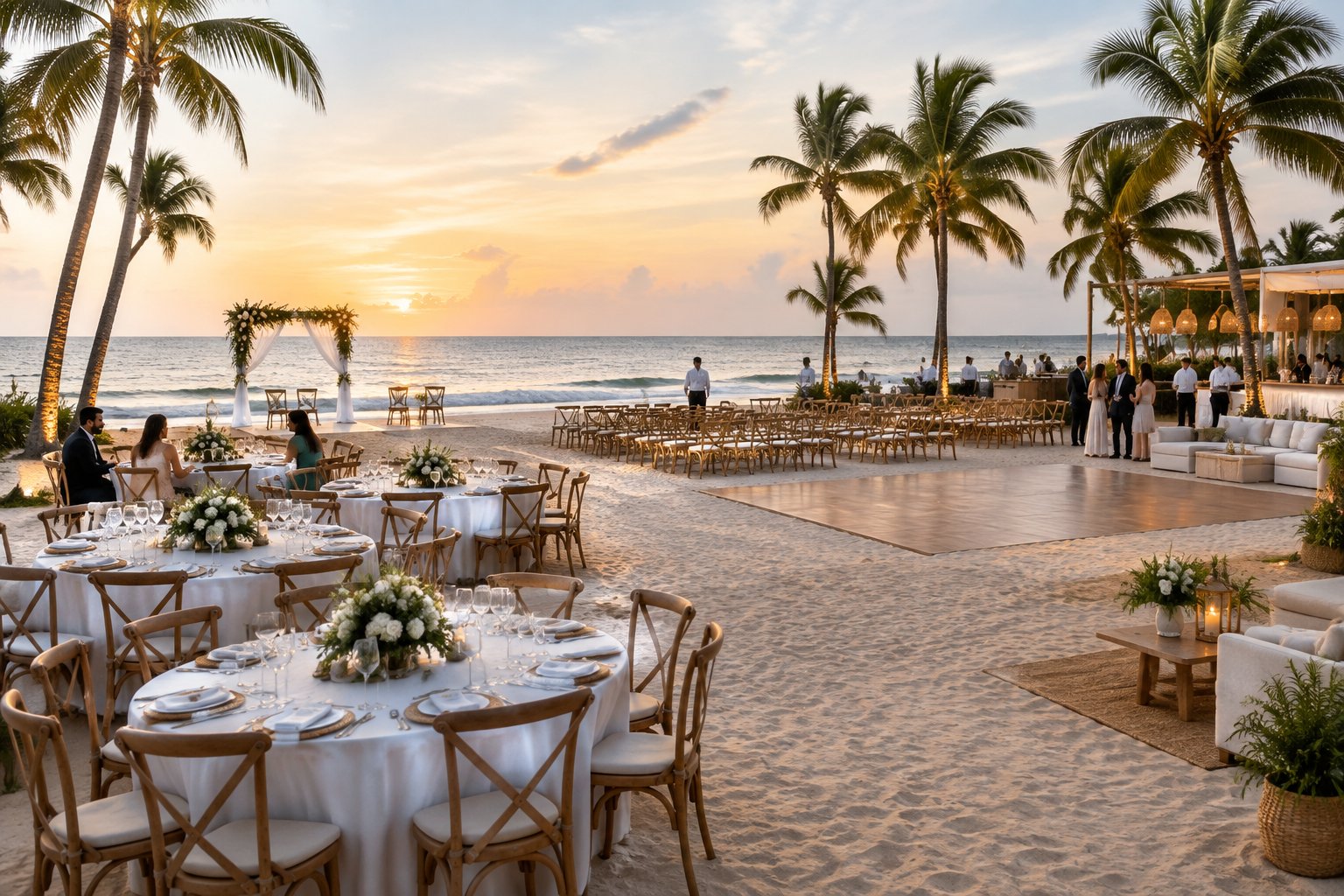 A beachfront wedding venue with intimate ceremony seating, dining tables, and a larger guest area arranged along the shore.