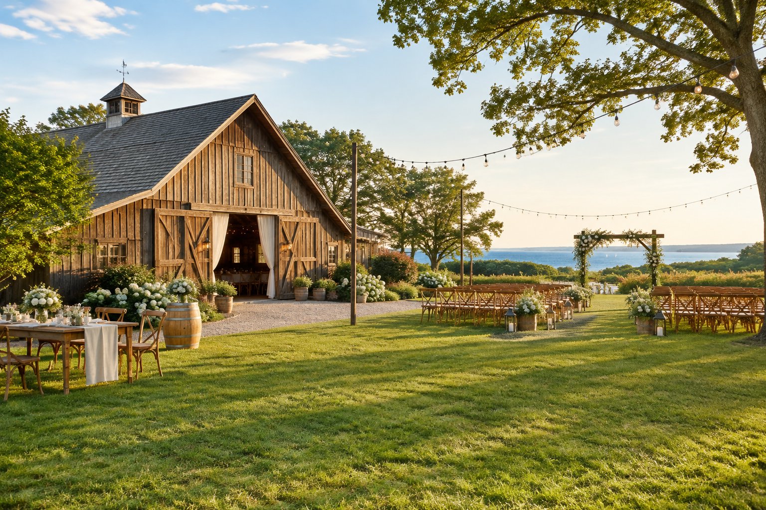 A rustic barn wedding venue surrounded by a grassy meadow, trees, and an outdoor ceremony area.