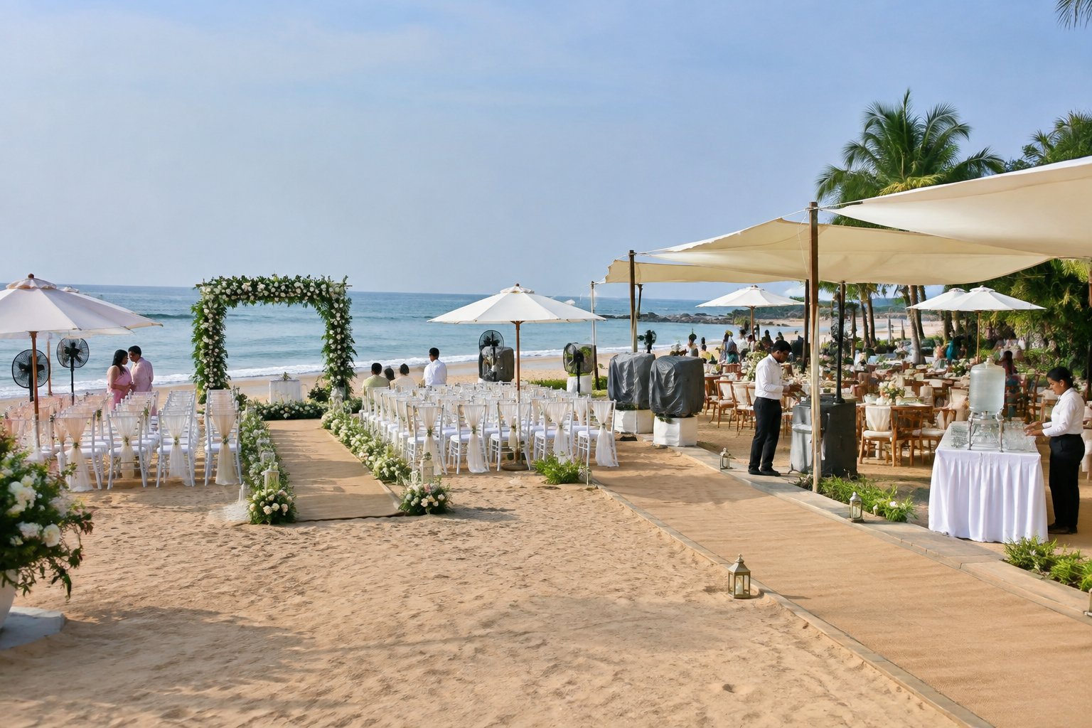 A comfortable beach wedding setup with shaded seating, floral decorations, guests, and staff beside the ocean.