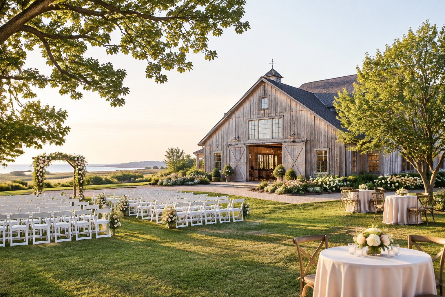 A rustic barn wedding venue with white ceremony chairs, flowers, and green grounds.
