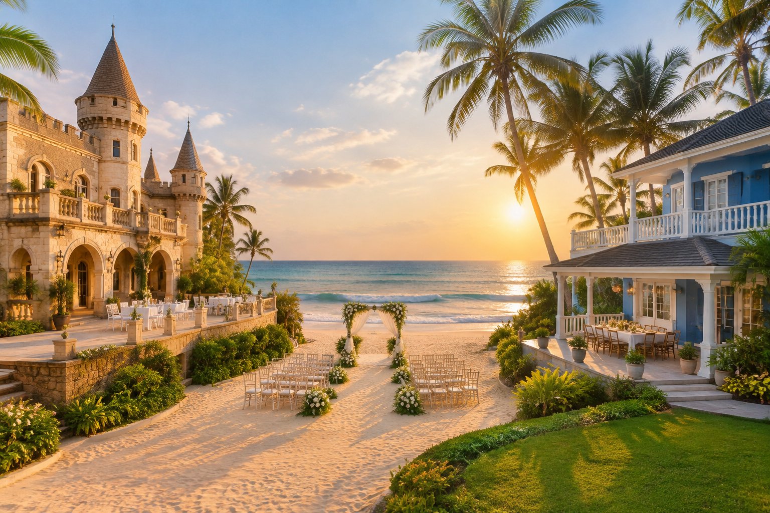 Two elegant coastal wedding venues, a beach castle and a blue seaside house, overlooking a tropical beach in Akkarai.