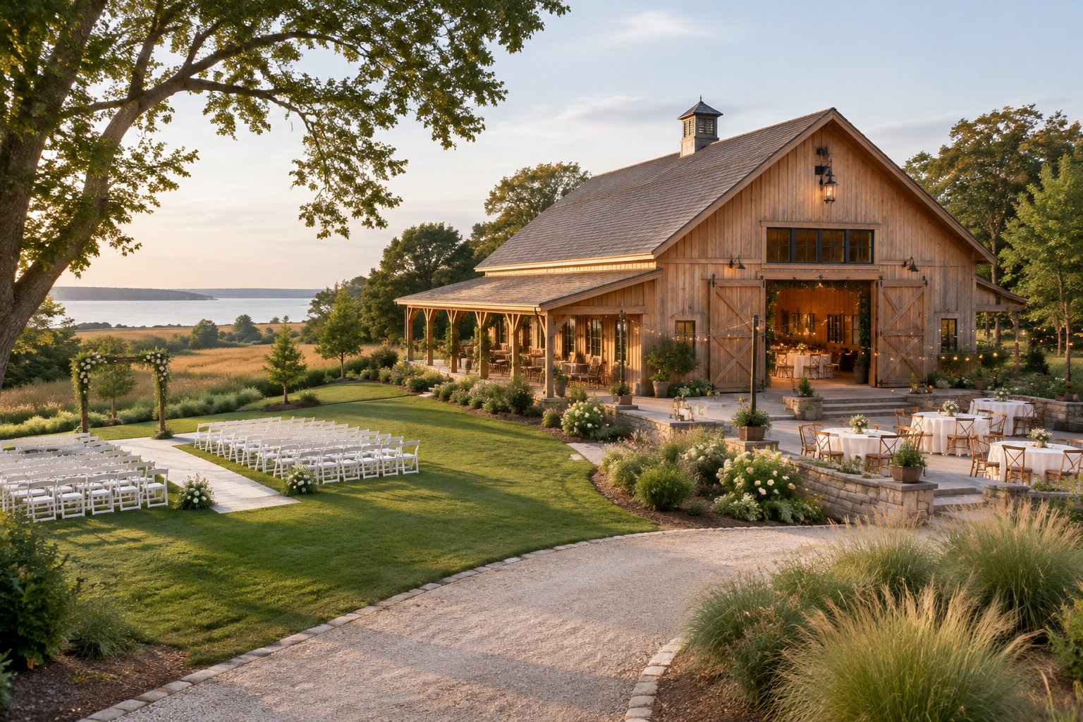 A restored barn wedding venue with landscaped grounds, ceremony chairs, gardens, and outdoor event spaces.