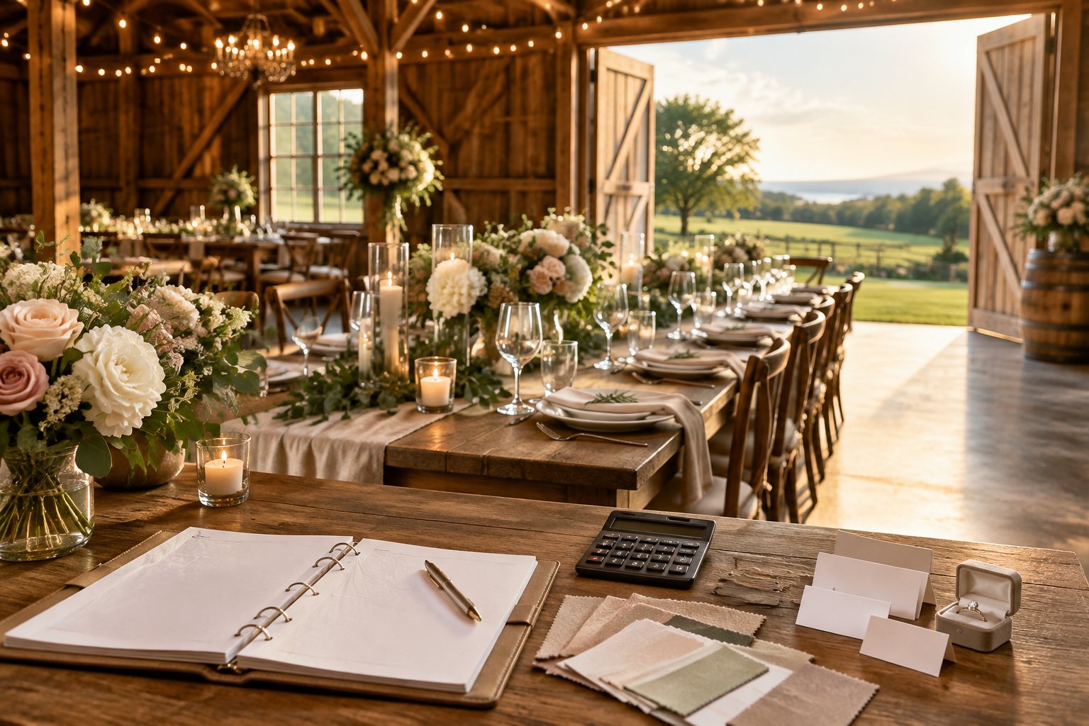 A decorated barn wedding reception table overlooks a green countryside landscape, with planning materials arranged nearby.