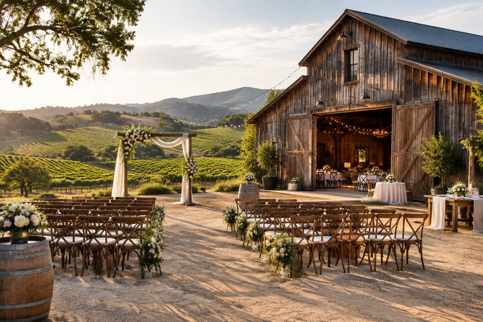 A rustic barn wedding venue with an outdoor ceremony setup overlooking Sonoma County vineyards.