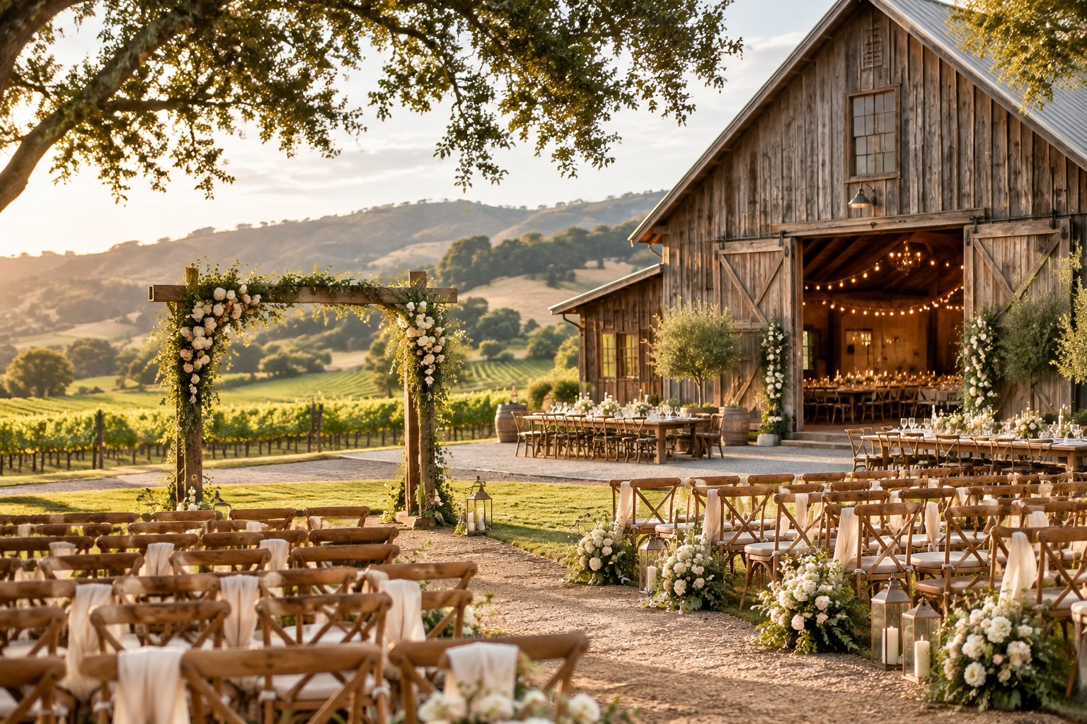 Elegant outdoor wedding ceremony beside a rustic barn overlooking Sonoma County vineyards.