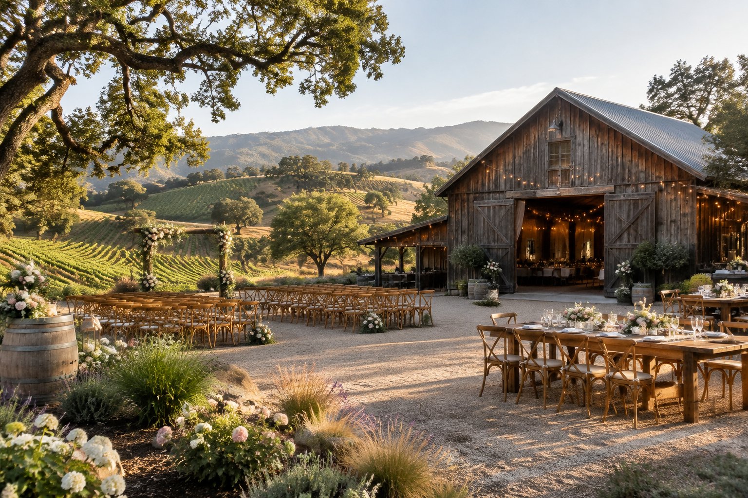 Rustic barn wedding venue surrounded by vineyards, oak trees, and rolling hills in Sonoma County.