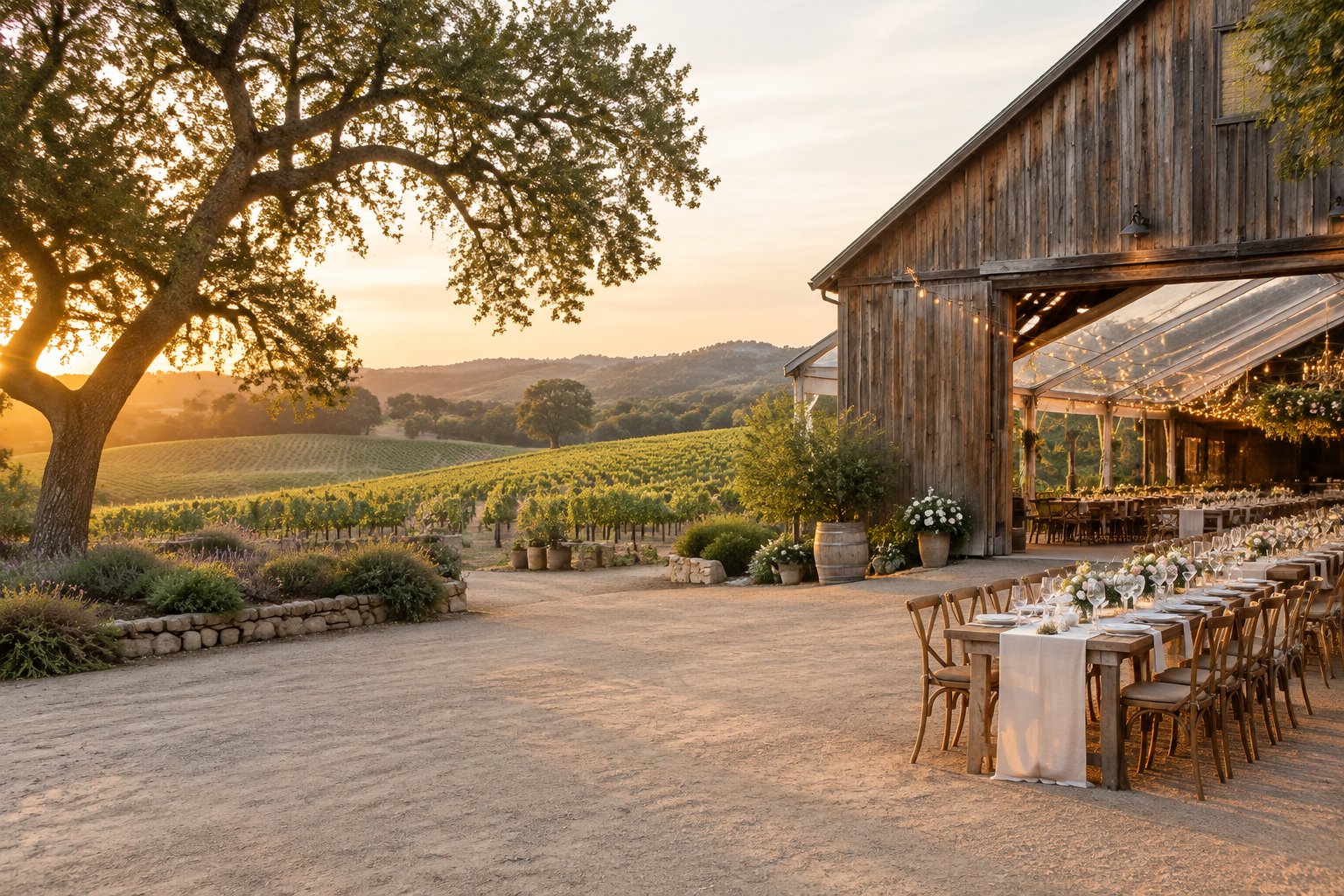 A rustic barn wedding venue surrounded by Sonoma vineyards, oak trees, and rolling hills, with an elegantly decorated outdoor reception area.