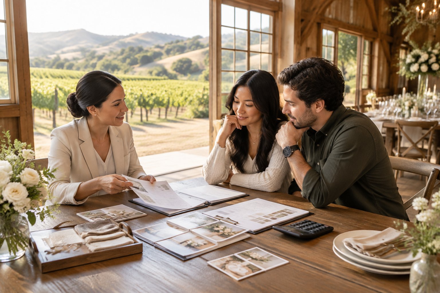 A couple and wedding coordinator compare venue materials at a table inside a rustic barn overlooking Sonoma County vineyards.