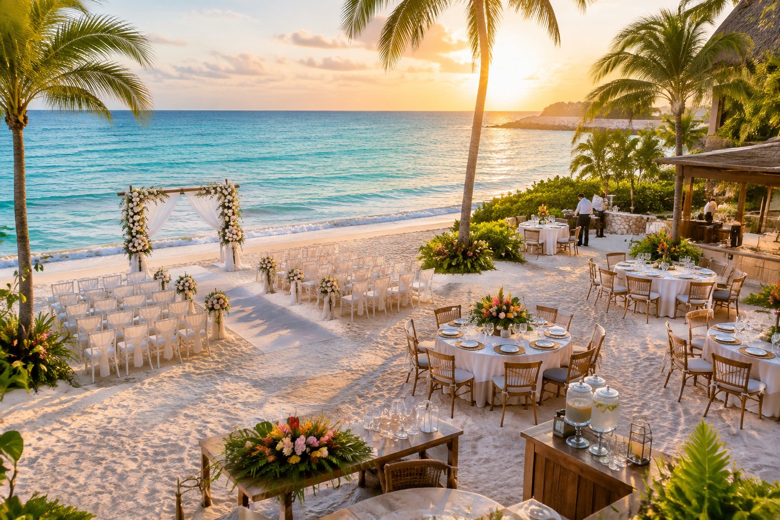 Elegant beach wedding ceremony and reception setup beside a turquoise ocean at sunset.