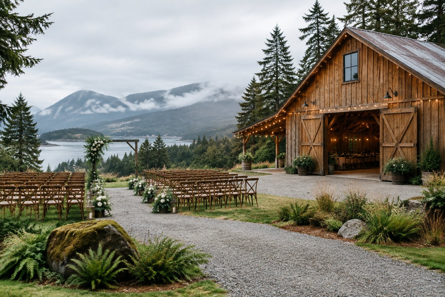 A rustic barn wedding venue surrounded by evergreen trees, green meadows, and misty hills, with an outdoor ceremony setup in front.