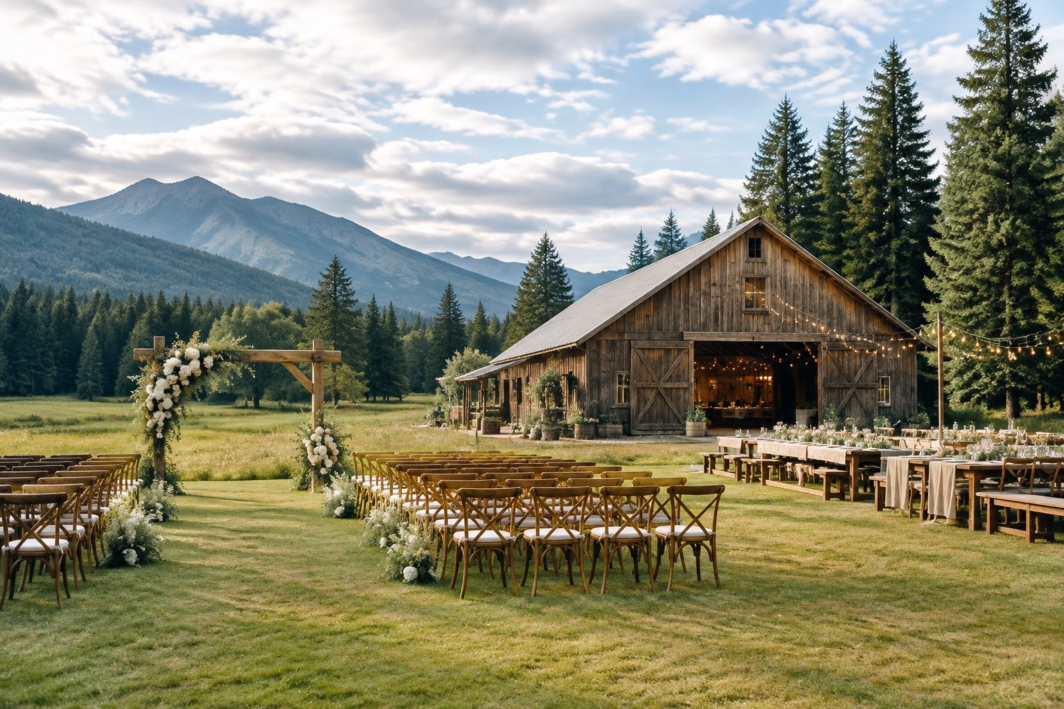 A rustic barn wedding venue surrounded by evergreen trees, a meadow, and distant mountains, with an outdoor ceremony setup and decorated reception tables.