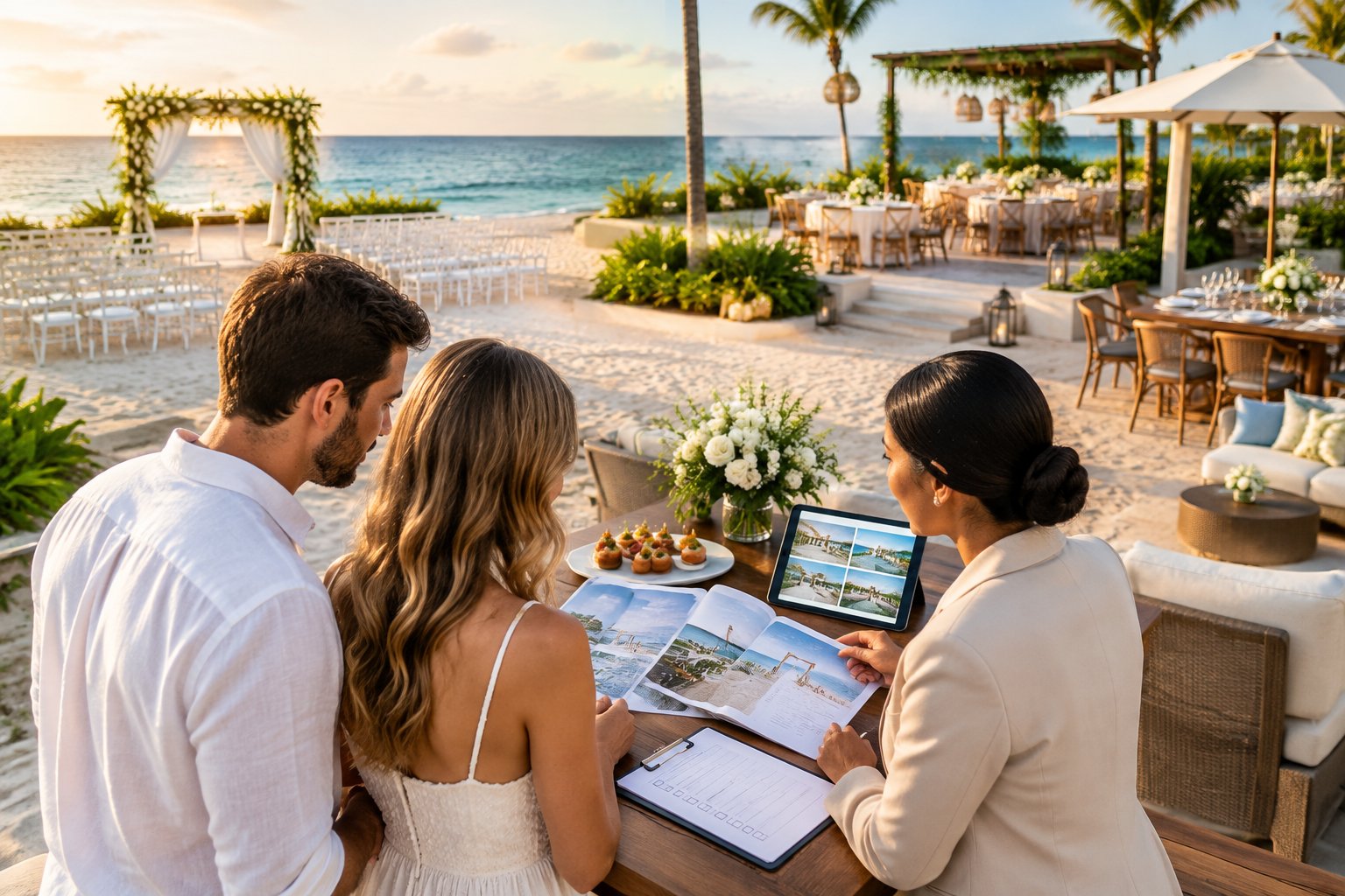 A couple compares beachfront wedding venue options with a planner at a tropical resort.