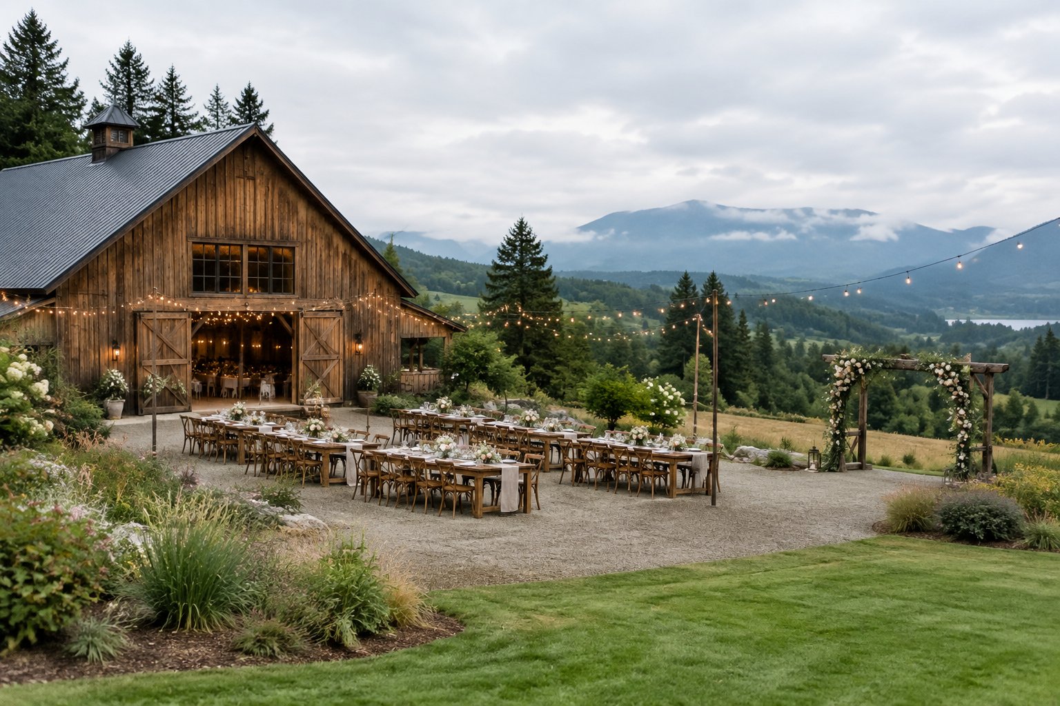 A rustic barn wedding venue surrounded by green hills, evergreen trees, and misty mountains, with an elegantly decorated outdoor reception area.