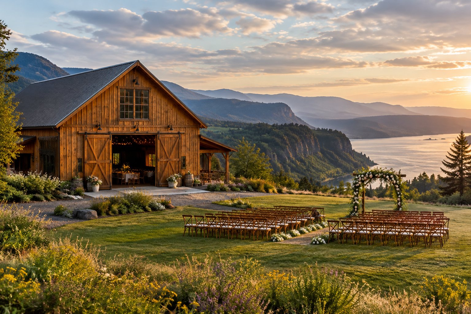 A rustic barn wedding venue in a green Oregon meadow with mountain and gorge views.