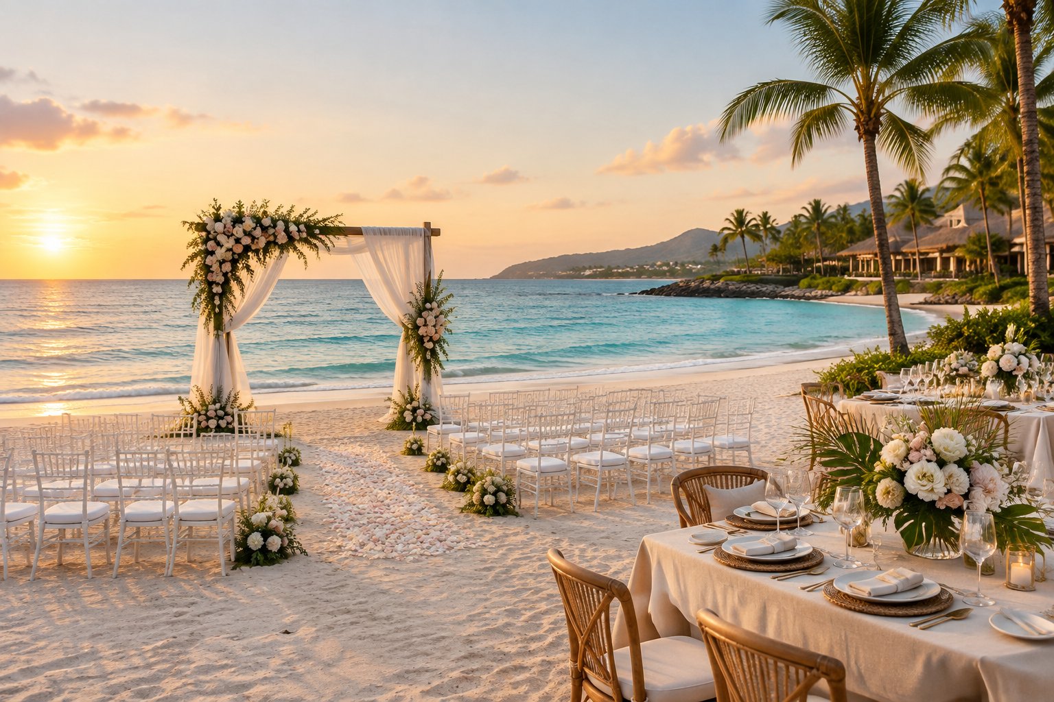 A decorated beach wedding ceremony overlooking a turquoise ocean at a tropical resort.