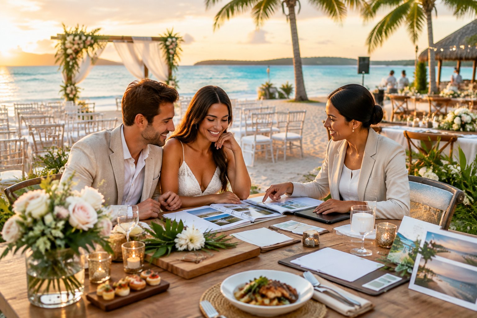 A couple reviews wedding package details with a coordinator beside an elegant beachfront ceremony and reception setup.