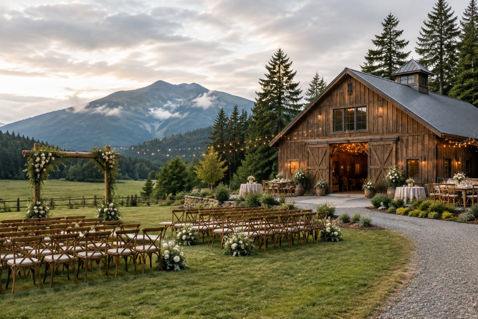 A rustic barn wedding venue surrounded by evergreen trees, green fields, and distant mountains.